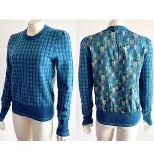 Tory Burch Walda Printed Wool Scarab Beatle Back Blue Green Sweater Womens Small
